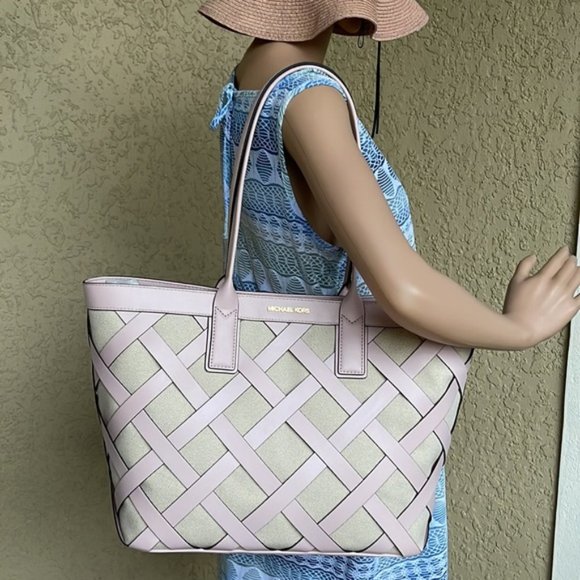 Michael Kors Sienna Large Tote Shoulder Bag Powder Blush Leather Canvas - Picture 15 of 16